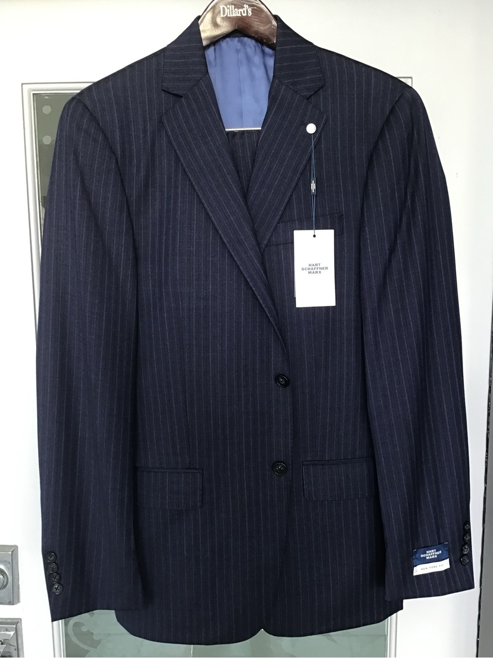 Hart Schaffner Marx Navy Pinstripe Suit Jacket with Light Blue Lining